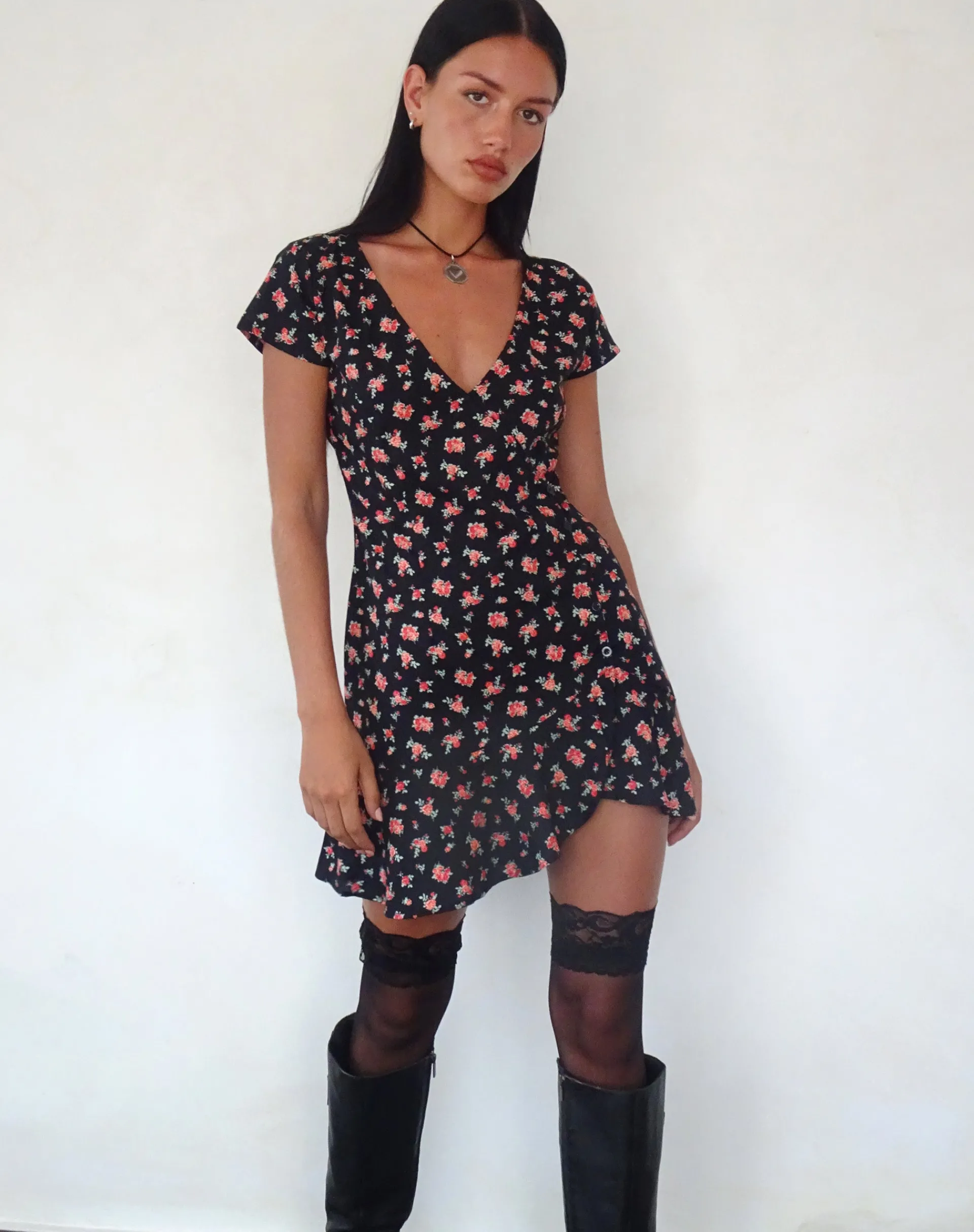 Motel Rocks Printed Dresses | Day Dresses-Seleg Mini Dress in Flowing Rose Black