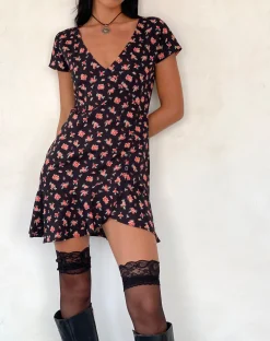 Motel Rocks Printed Dresses | Day Dresses-Seleg Mini Dress in Flowing Rose Black