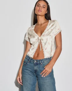 Motel Rocks Printed Tops-Selene Tie Front Top in Satin Vintage Rose Garland SatinVintageRoseGarland