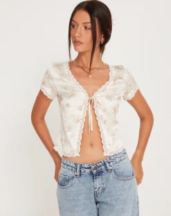 Motel Rocks Printed Tops-Selene Tie Front Top in Satin Vintage Rose Garland SatinVintageRoseGarland