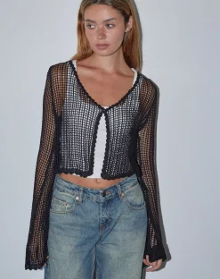 Motel Rocks Long Sleeve Tops-Septa Cropped Knit Cardigan in black