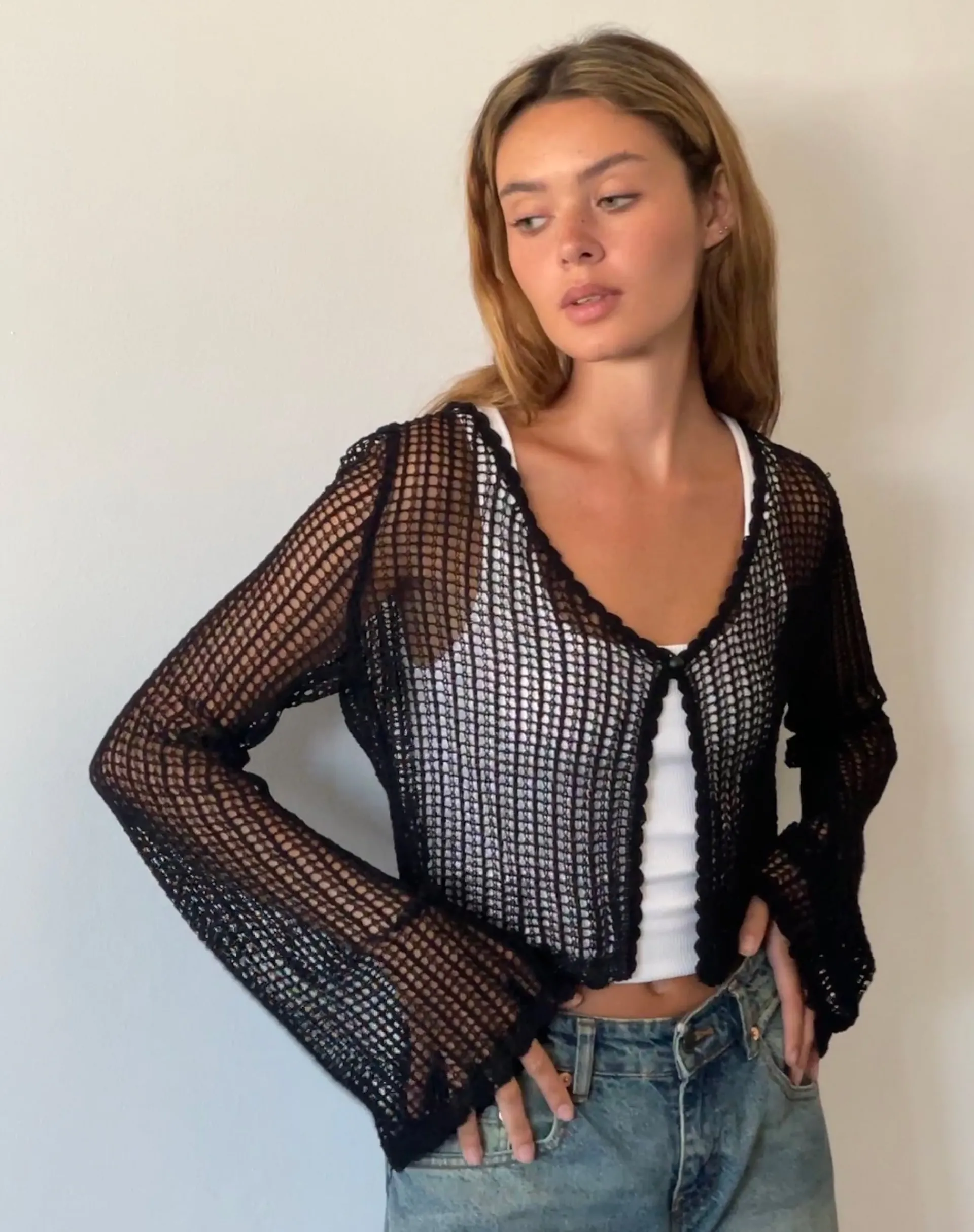 Motel Rocks Long Sleeve Tops-Septa Cropped Knit Cardigan in black