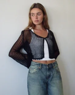 Motel Rocks Long Sleeve Tops-Septa Cropped Knit Cardigan in black