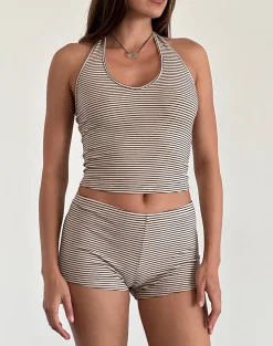 Motel Rocks Micro Shorts-Sera Micro Shorts in Stripe Jersey Neutral Brown StripeJerseyNeutralBrown