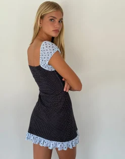 Motel Rocks Mini Dresses-Sevda Mini Dress in Blue Black Basic Polka