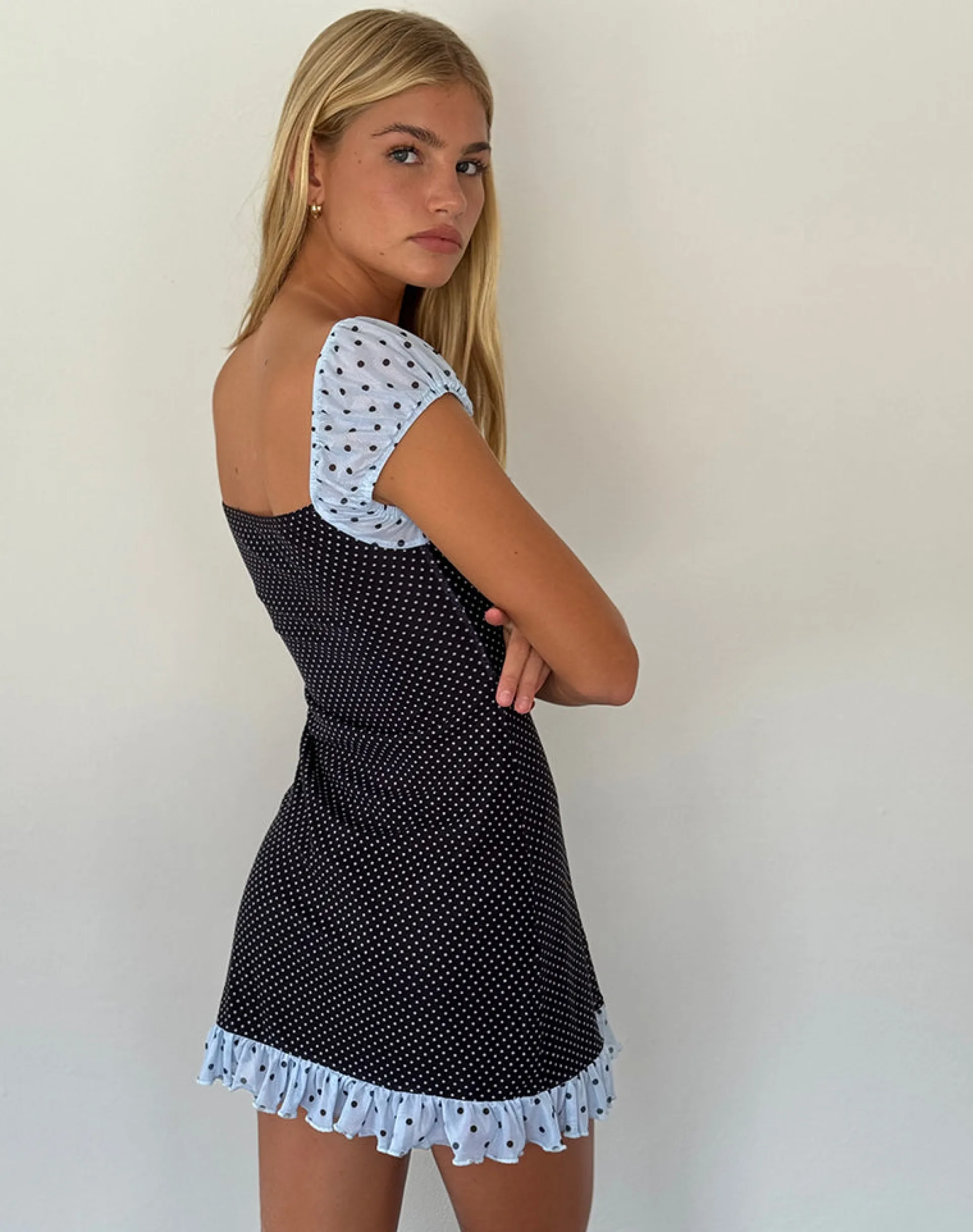 Motel Rocks Mini Dresses-Sevda Mini Dress in Blue Black Basic Polka