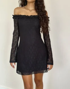 Motel Rocks Long Sleeve Dresses | Little Black Dresses-Severine Bardot Mini Dress Lace Black