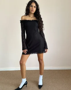 Motel Rocks Long Sleeve Dresses | Little Black Dresses-Severine Bardot Mini Dress Lace Black