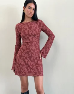 Motel Rocks Printed Dresses | Long Sleeve Dresses-Sevila Dress in Maroon Burnout Mesh MaroonBurnoutMesh