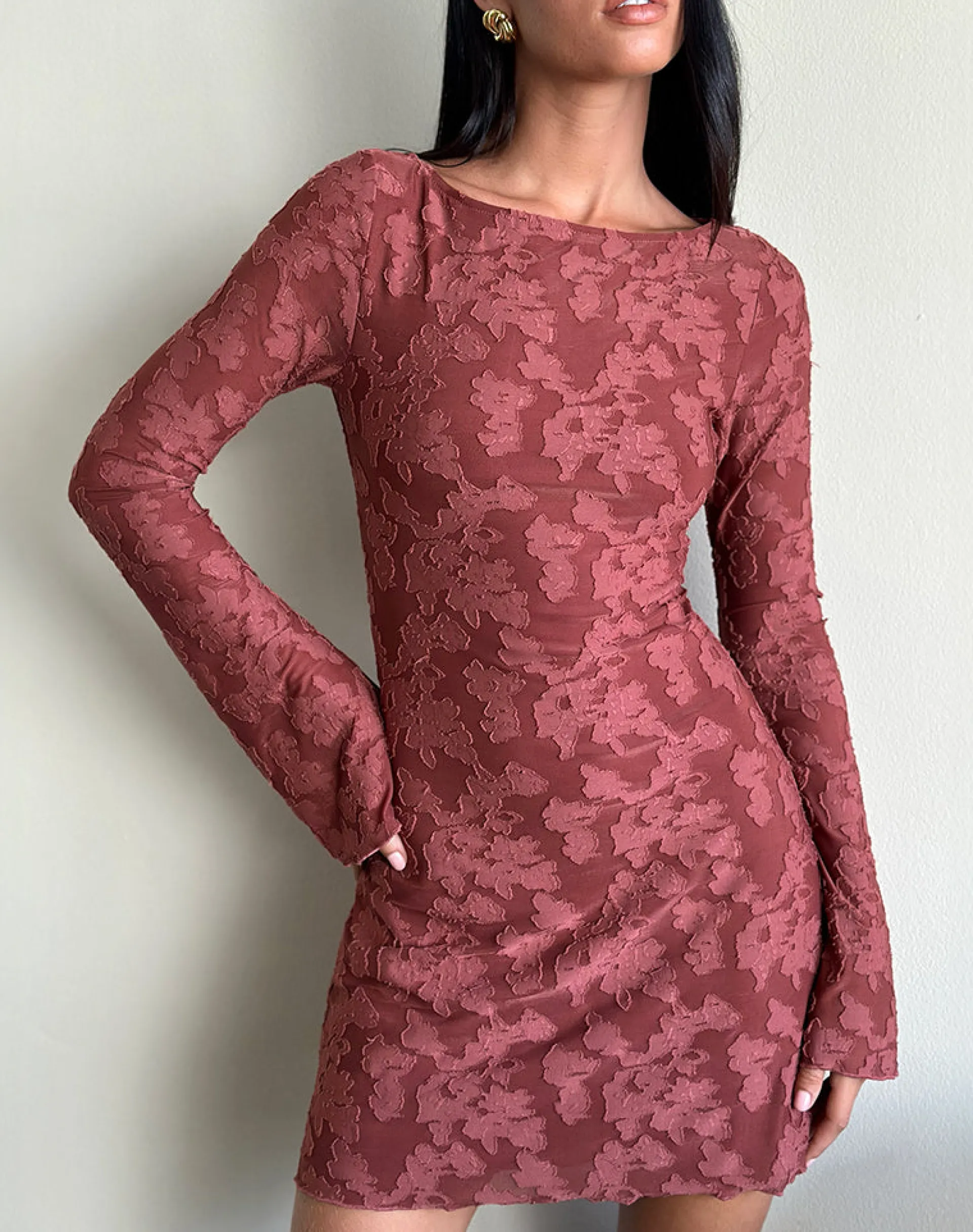 Motel Rocks Printed Dresses | Long Sleeve Dresses-Sevila Dress in Maroon Burnout Mesh MaroonBurnoutMesh
