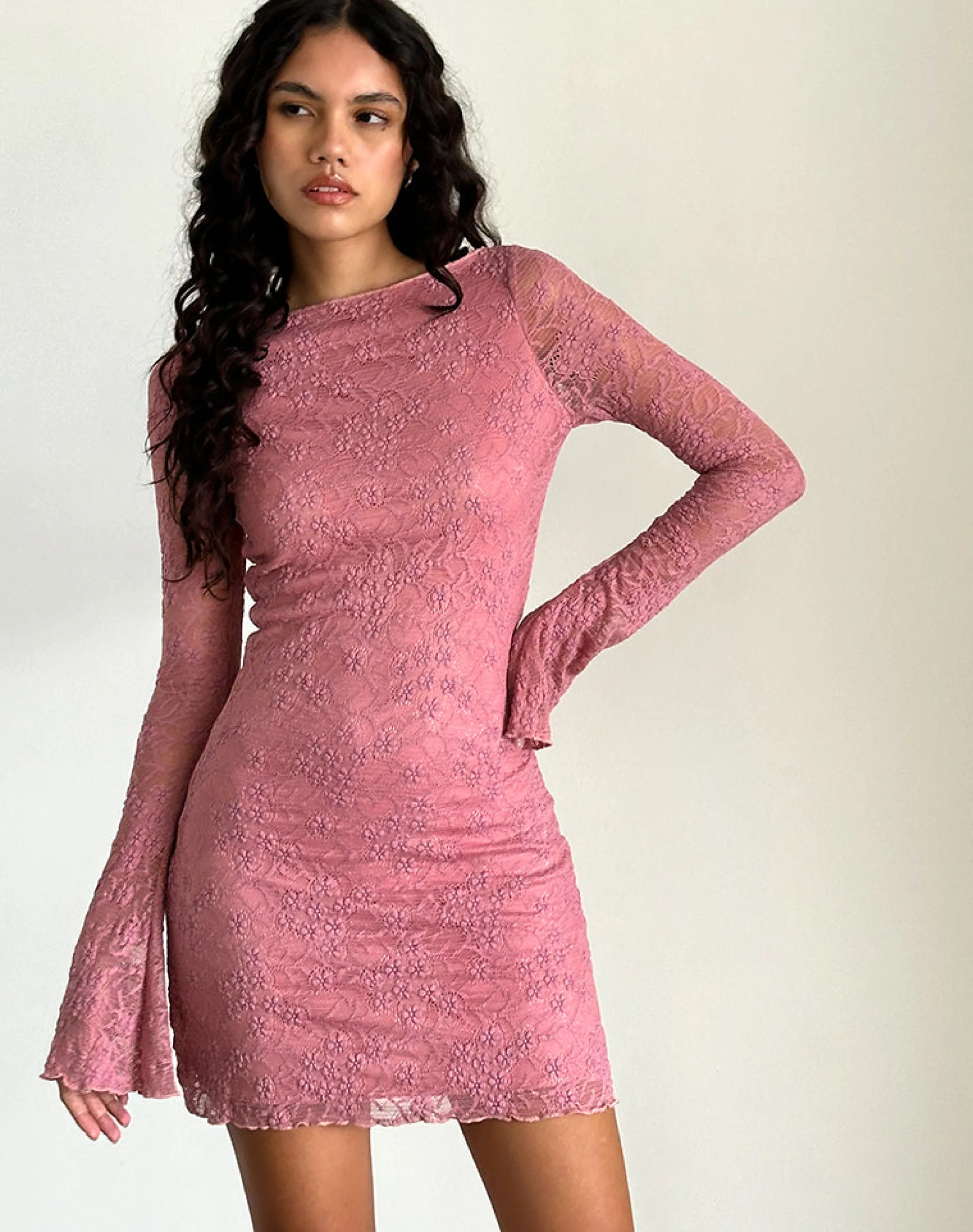 Motel Rocks Printed Dresses | Day Dresses-Sevila Long Sleeve Dress in Dusty Rose Lace dustyroselace