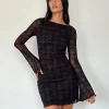 Motel Rocks Long Sleeve Dresses | Bodycon Dresses-Sevila Long Sleeve Mini Dress in Black Queen of Heart Flock BlackQueenofHeartFlock