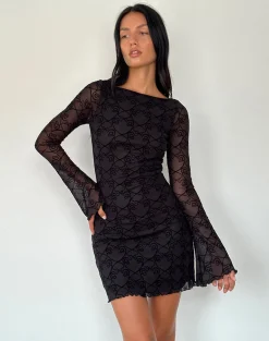 Motel Rocks Long Sleeve Dresses | Bodycon Dresses-Sevila Long Sleeve Mini Dress in Black Queen of Heart Flock BlackQueenofHeartFlock