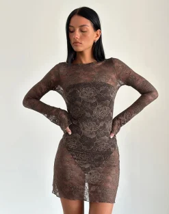 Motel Rocks Bodycon Dresses | Long Sleeve Dresses-Sevila Long Sleeve Mini Dress in Dark Brown DarkBrown