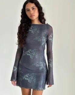 Motel Rocks Printed Dresses | Day Dresses-Sevila Long Sleeve Mini Dress in Faded Botanical Green FadedBotanicalGreen