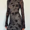 Motel Rocks Printed Dresses | Day Dresses-Sevila Long Sleeve Mini Dress in Black Rose Flock BlackRoseFlock