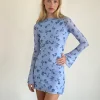 Motel Rocks Printed Dresses | Day Dresses-Sevila Long Sleeve Mini Dress in Inky Blue Floral Mesh InkyBlueFloralMesh