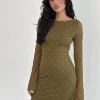 Motel Rocks Basics | Day Dresses-Sevila Long Sleeve Mini Dress in Textured Moss Green TexturedMossGreen