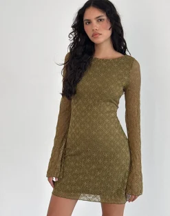 Motel Rocks Basics | Day Dresses-Sevila Long Sleeve Mini Dress in Textured Moss Green TexturedMossGreen