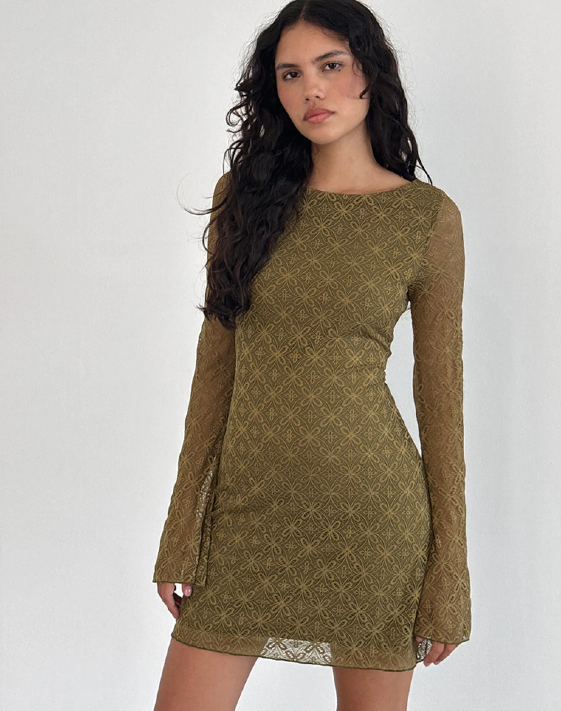 Motel Rocks Basics | Day Dresses-Sevila Long Sleeve Mini Dress in Textured Moss Green TexturedMossGreen