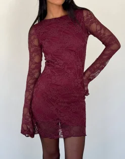 Motel Rocks Long Sleeve Dresses | Party Dresses-Sevila Long Sleeve Mini Dress Lace Burgundy LaceBurgundy