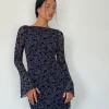 Motel Rocks Bodycon Dresses | Long Sleeve Dresses-Sevila Long Sleeve Mini Dress in Flocked Petal Navy FlockedPetalNavy