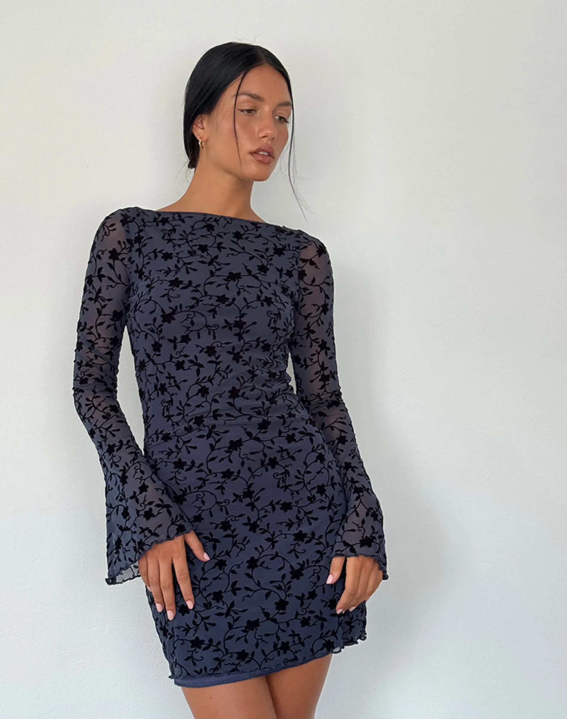 Motel Rocks Bodycon Dresses | Long Sleeve Dresses-Sevila Long Sleeve Mini Dress in Flocked Petal Navy FlockedPetalNavy