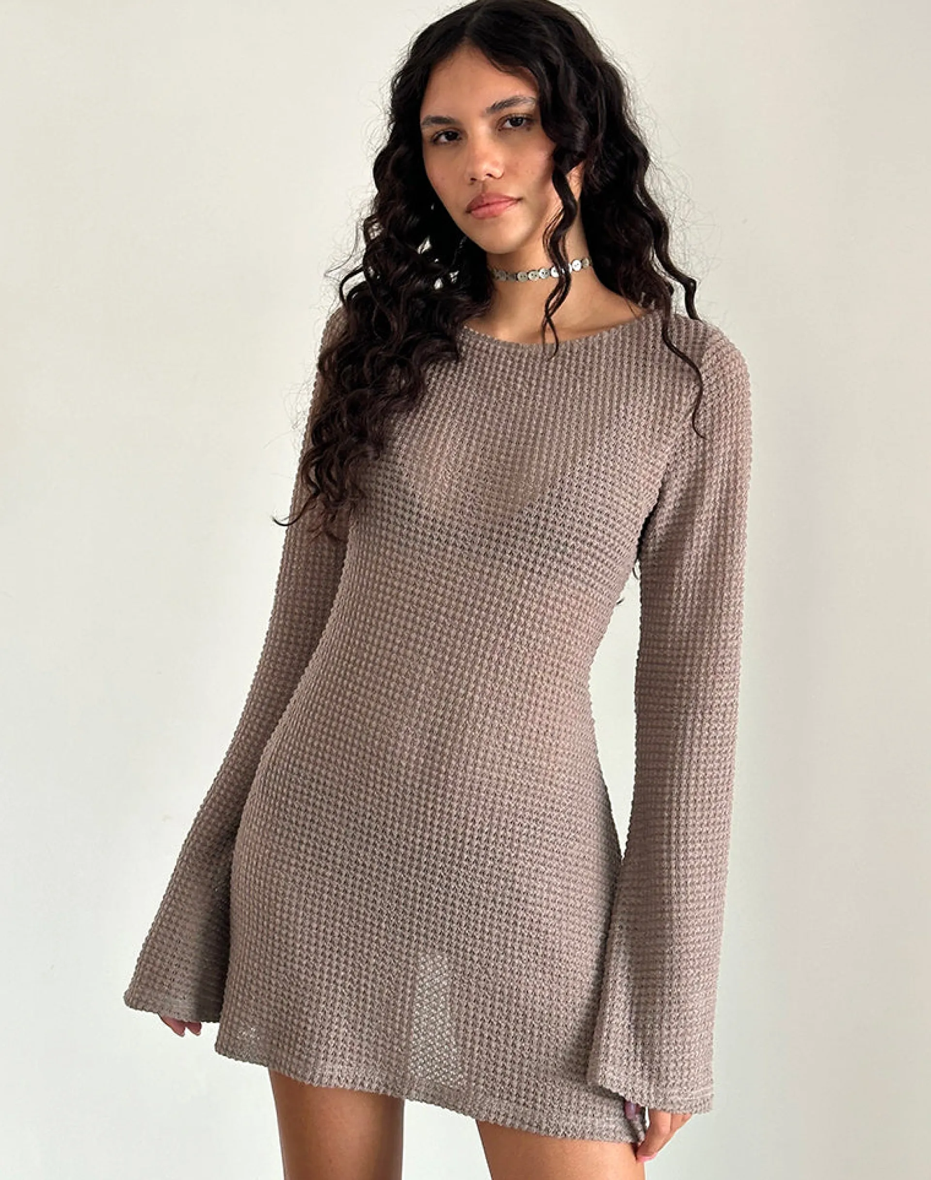 Motel Rocks Long Sleeve Dresses | Mini Dresses-Sevila Long Sleeve Mini Dress in Light Taupe Knit LightTaupeKnit