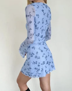 Motel Rocks Printed Dresses | Day Dresses-Sevila Long Sleeve Mini Dress in Inky Blue Floral Mesh InkyBlueFloralMesh