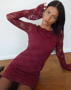 Motel Rocks Long Sleeve Dresses | Party Dresses-Sevila Long Sleeve Mini Dress Lace Burgundy LaceBurgundy