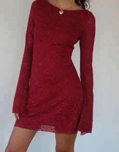 Motel Rocks Day Dresses | Bodycon Dresses-Sevila Long Sleeve Mini Dress in Deep Red Lace DeepRedLace