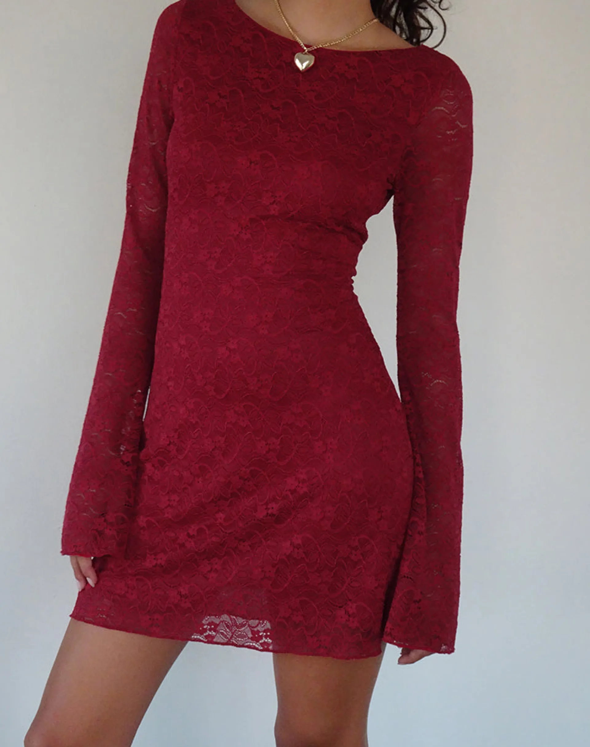 Motel Rocks Day Dresses | Bodycon Dresses-Sevila Long Sleeve Mini Dress in Deep Red Lace DeepRedLace