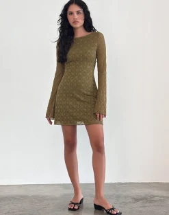 Motel Rocks Basics | Day Dresses-Sevila Long Sleeve Mini Dress in Textured Moss Green TexturedMossGreen