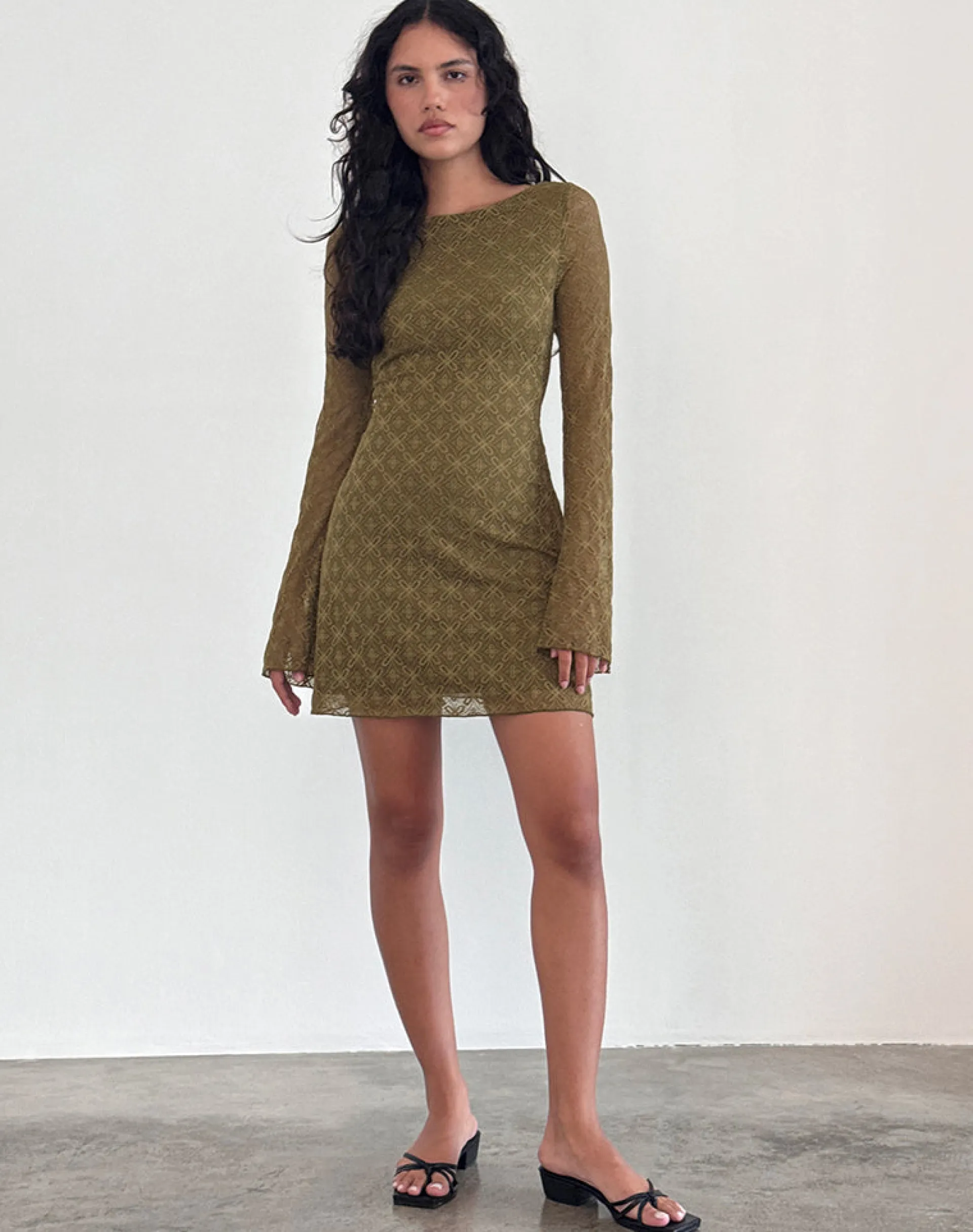 Motel Rocks Basics | Day Dresses-Sevila Long Sleeve Mini Dress in Textured Moss Green TexturedMossGreen