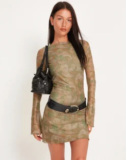 Motel Rocks Long Sleeve Dresses-Sevila Long Sleeve Mini Dress in Mesh Tonal Paisley Green MeshTonalPaisleyGreen