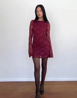 Motel Rocks Long Sleeve Dresses | Party Dresses-Sevila Long Sleeve Mini Dress Lace Burgundy LaceBurgundy