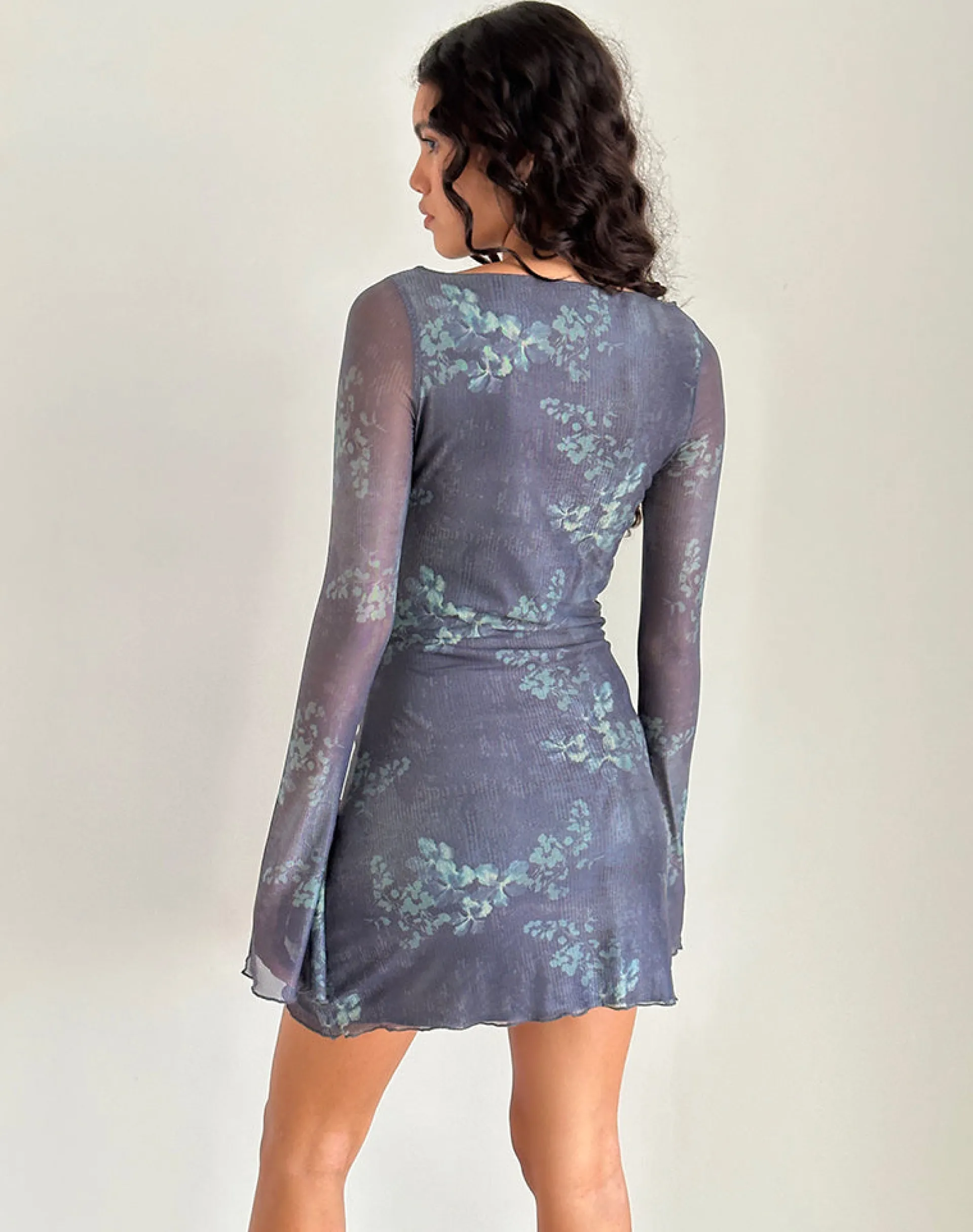 Motel Rocks Printed Dresses | Day Dresses-Sevila Long Sleeve Mini Dress in Faded Botanical Green FadedBotanicalGreen