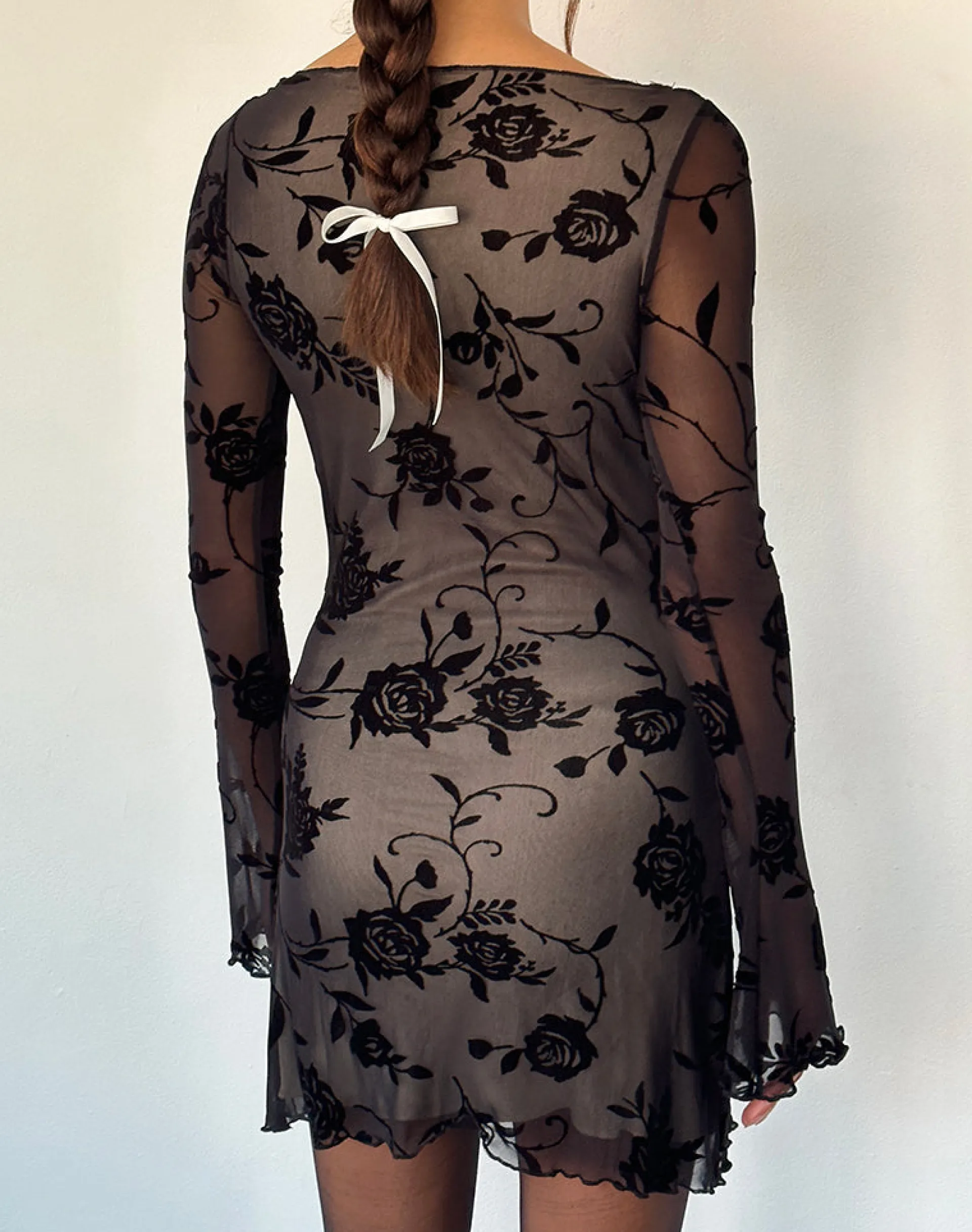 Motel Rocks Printed Dresses | Day Dresses-Sevila Long Sleeve Mini Dress in Black Rose Flock BlackRoseFlock