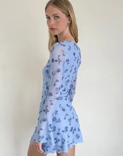 Motel Rocks Printed Dresses | Day Dresses-Sevila Long Sleeve Mini Dress in Inky Blue Floral Mesh InkyBlueFloralMesh
