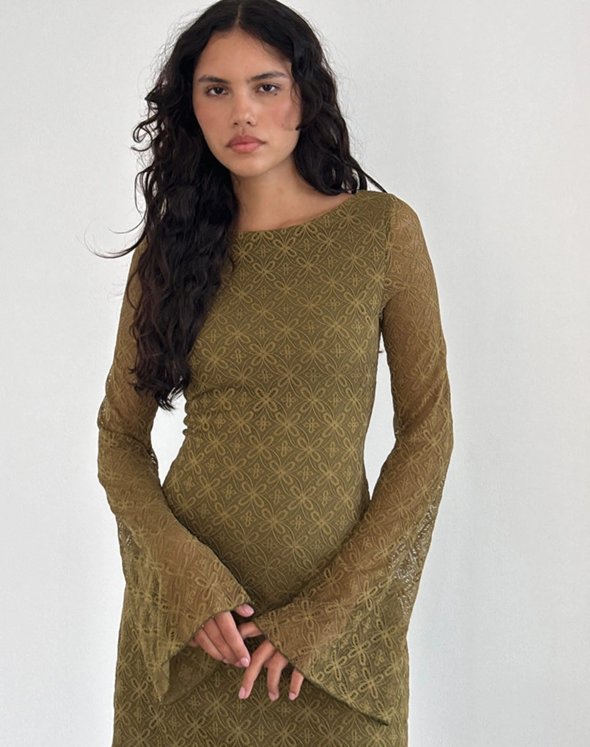 Motel Rocks Basics | Day Dresses-Sevila Long Sleeve Mini Dress in Textured Moss Green TexturedMossGreen