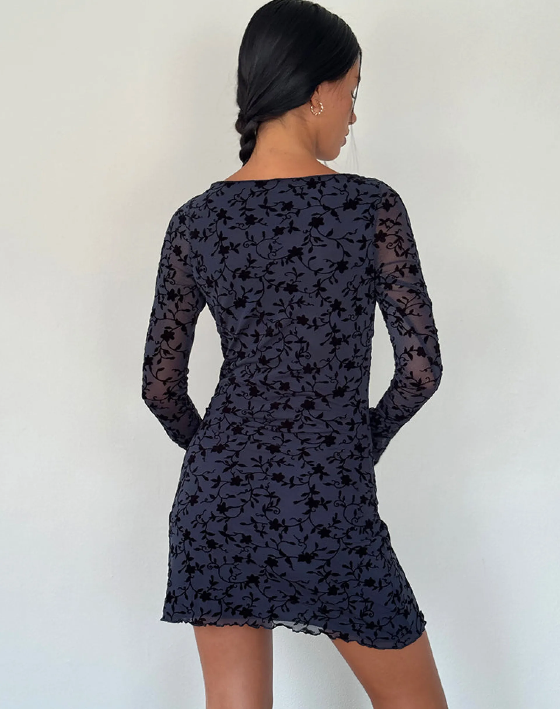 Motel Rocks Bodycon Dresses | Long Sleeve Dresses-Sevila Long Sleeve Mini Dress in Flocked Petal Navy FlockedPetalNavy