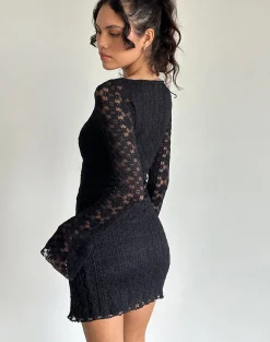 Motel Rocks Bodycon Dresses | Little Black Dresses-Sevila Long Sleeve Mini Dress in Regal Lace Black RegalLaceBlack