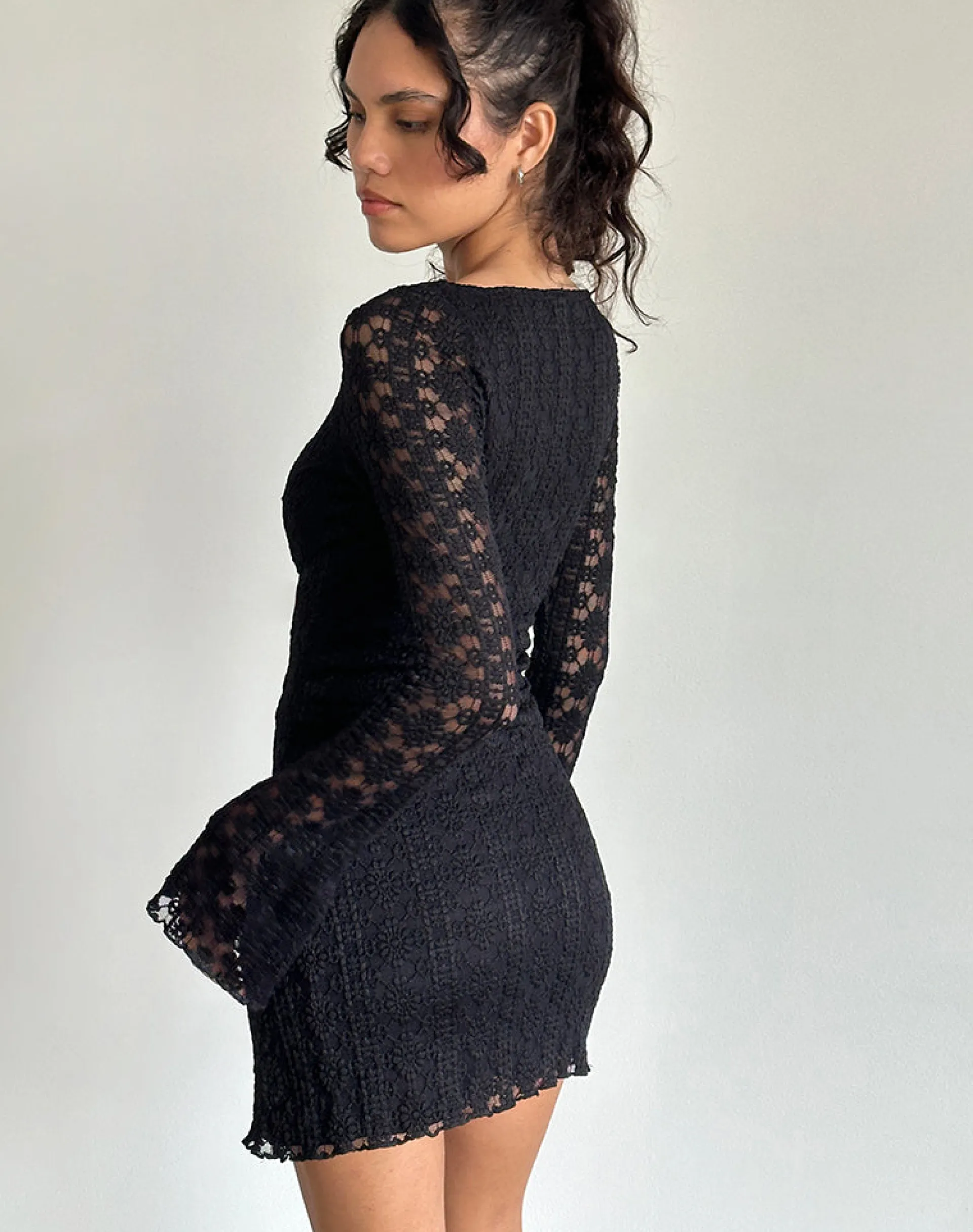 Motel Rocks Bodycon Dresses | Little Black Dresses-Sevila Long Sleeve Mini Dress in Regal Lace Black RegalLaceBlack