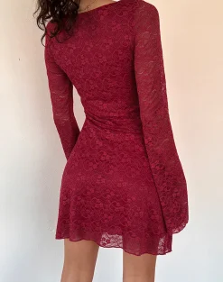 Motel Rocks Day Dresses | Bodycon Dresses-Sevila Long Sleeve Mini Dress in Deep Red Lace DeepRedLace