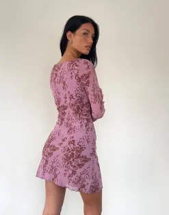Motel Rocks Day Dresses | Printed Dresses-Sevila Long Sleeve Mini Dress in Botanic Mauve BotanicMauve