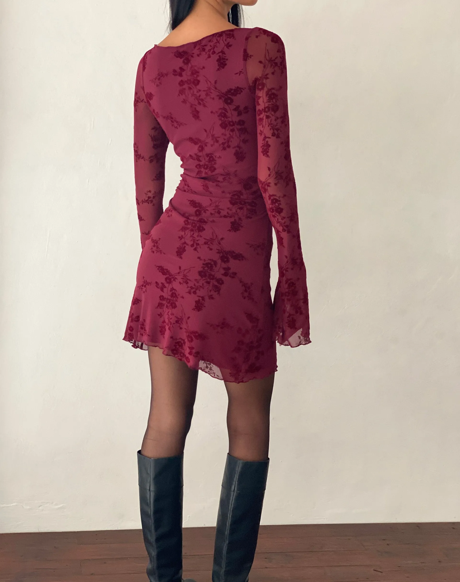 Motel Rocks Printed Dresses | Bodycon Dresses-Sevila Long Sleeve Mini Dress in Flocked Botanical Flower Maroon FlockedBotanicalFlowerMaroon