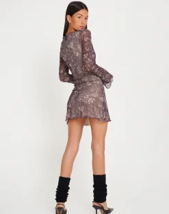 Motel Rocks Long Sleeve Dresses | Mini Dresses-Sevila Long Sleeve Mini Dress in Botanical Dark Brown BotanicalDarkBrown