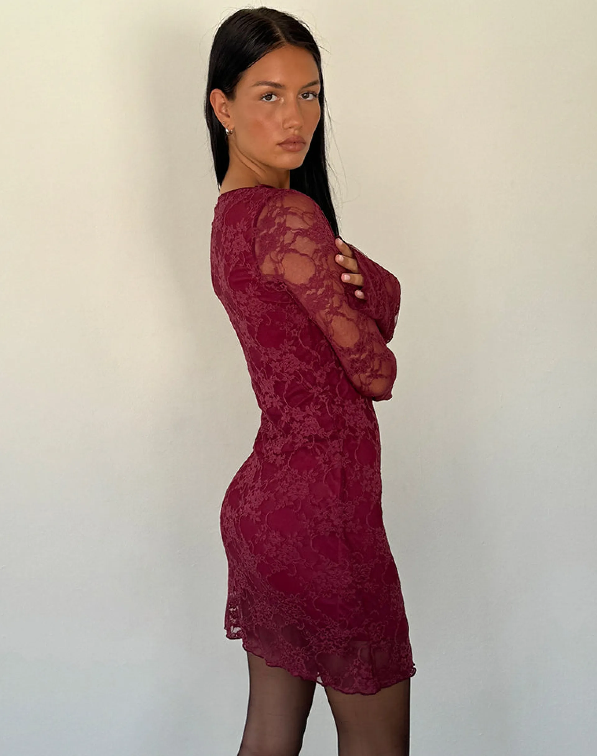 Motel Rocks Long Sleeve Dresses | Party Dresses-Sevila Long Sleeve Mini Dress Lace Burgundy LaceBurgundy