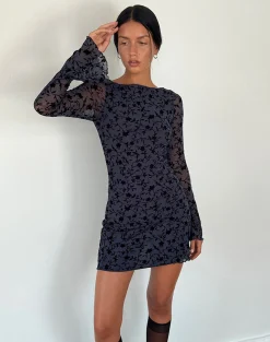 Motel Rocks Bodycon Dresses | Long Sleeve Dresses-Sevila Long Sleeve Mini Dress in Flocked Petal Navy FlockedPetalNavy