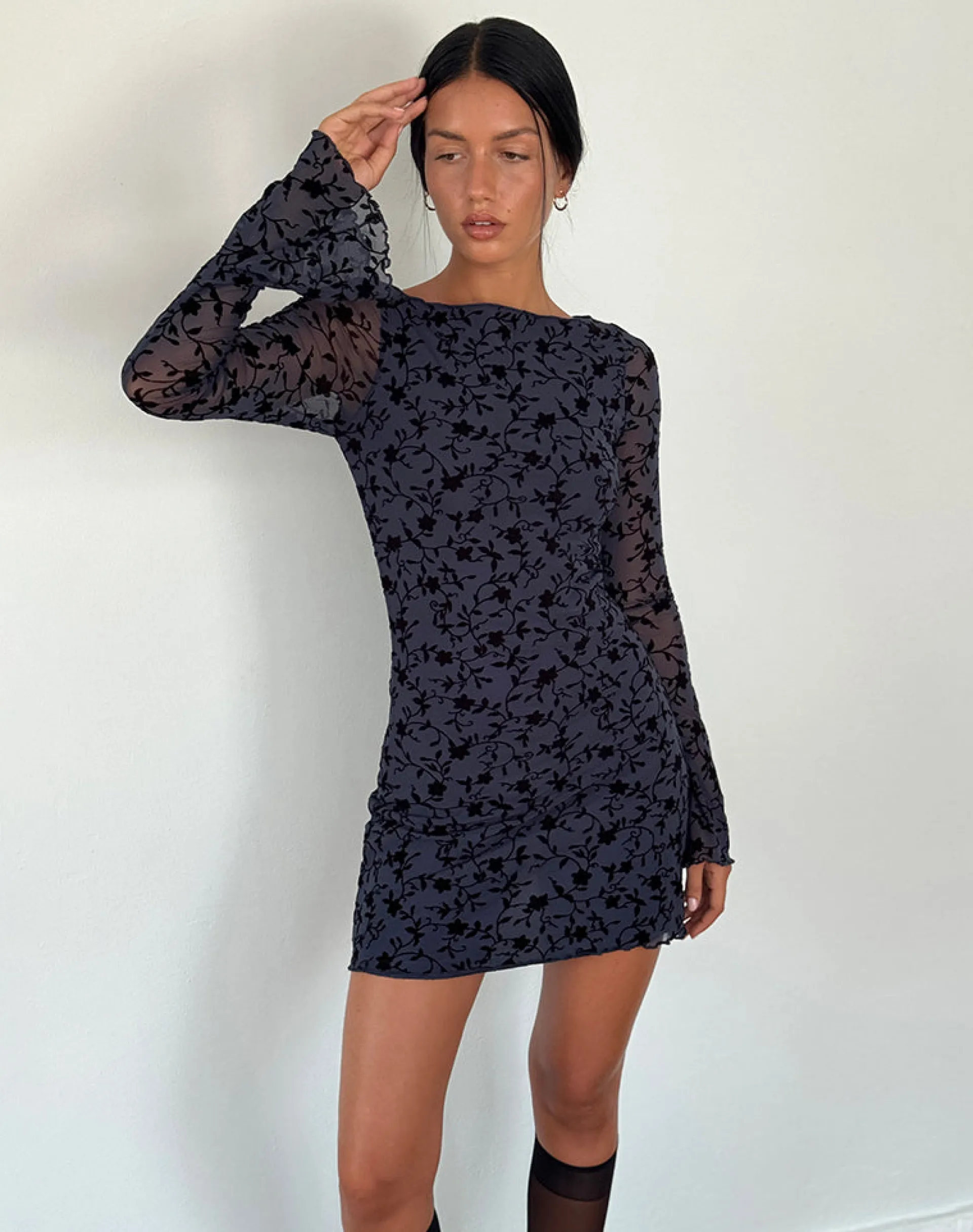Motel Rocks Bodycon Dresses | Long Sleeve Dresses-Sevila Long Sleeve Mini Dress in Flocked Petal Navy FlockedPetalNavy